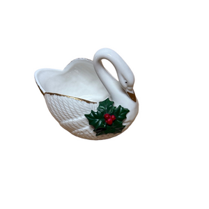Elegant Swan Holiday Dish with Gold and Holly Accents Vintage 1999